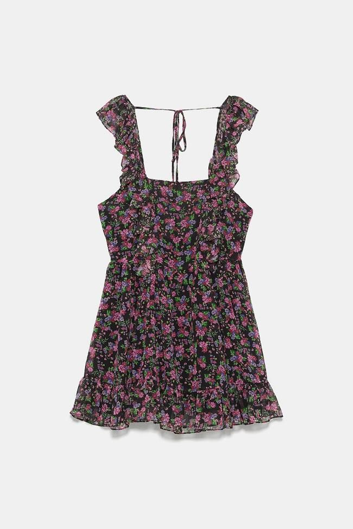 Vestido con estampado floral y volantes en los tirantes, de Zara