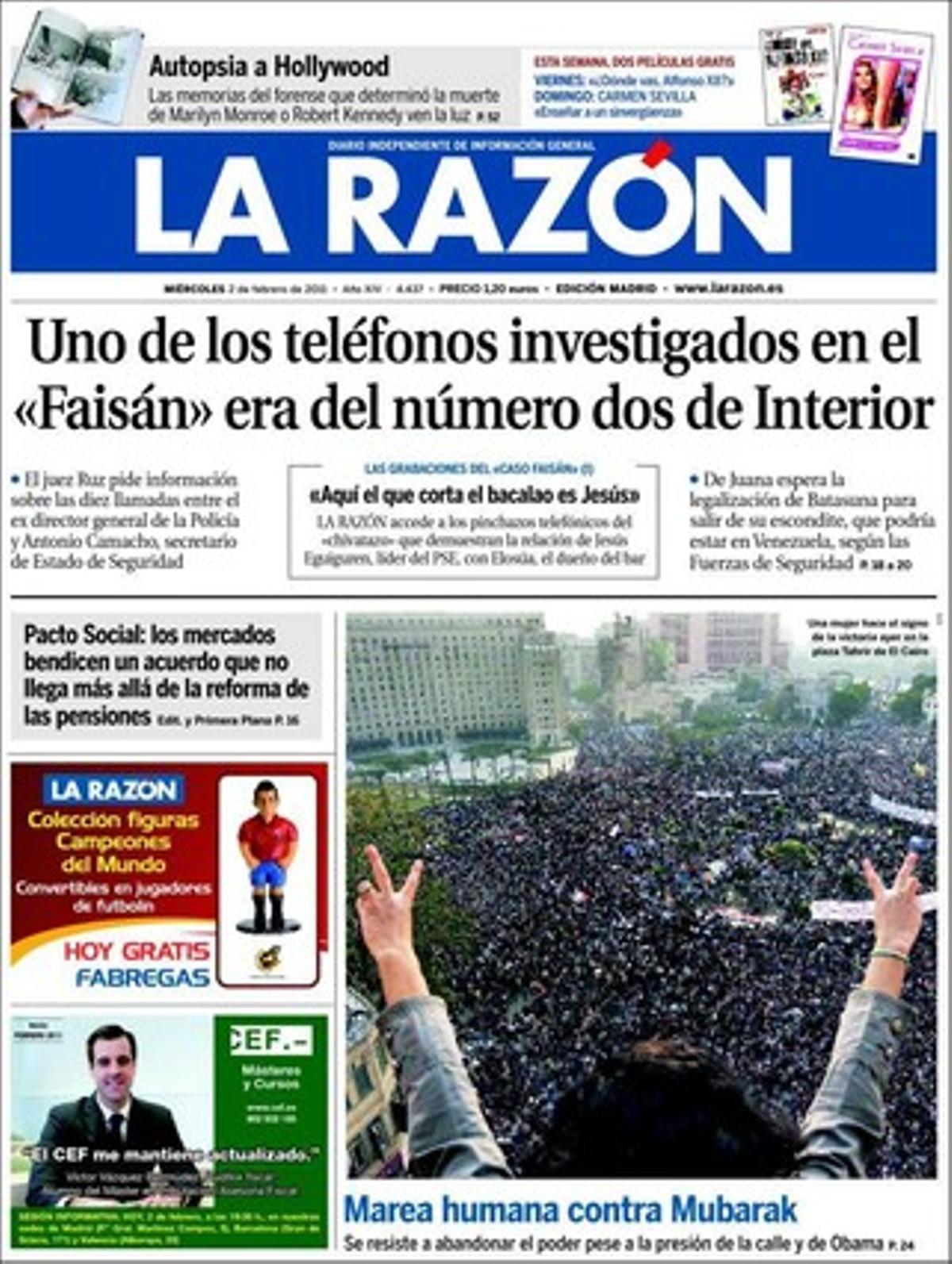 ’La Razón’ destaca a més que l’etarra Iñaki de Juana Chaos espera que legalitzin Batasuna per sortir del seu amagatall; que els controladors d’AENA podran demanar excedències, cosa que els facilitarà ser contractats per un proveïdor privat i tornar al cap de 5 anys; que Juan Carlos Rodríguez Ibarra se suma a la tesi de Felipe González de suprimir les diputacions provincials; que el Govern advoca per prohibir el burca a tot Catalunya, i que el RACC celebra l’anul·lació dels 80 km/h en els accessos a Barcelona.
