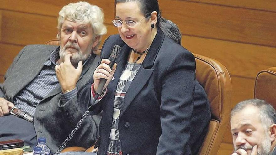 Pilar García Negro, en el fondo, bajo la atenta mirada de Beiras, en 2003 en el Parlamento gallego.