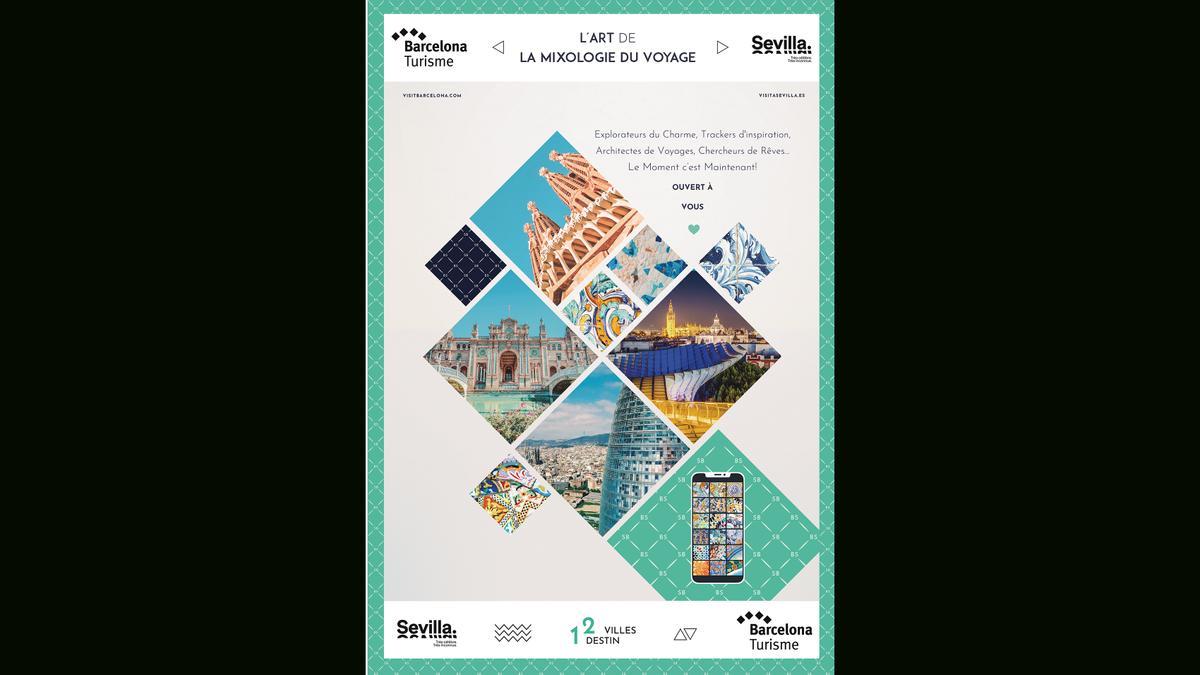 Cartel campaña publicitaria para que el turismo francés visite Sevilla y Barcelona