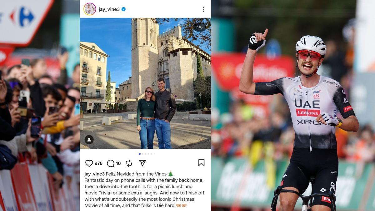 Jay Vine creuant la meta avui a Pal i una publicació a Girona a les seves xarxes.