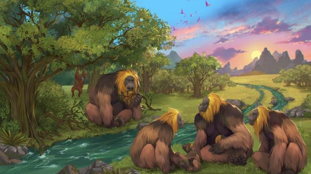 Recreación artística de un grupo de Gigantopithecus blacki dentro de un bosque en el sur de China.