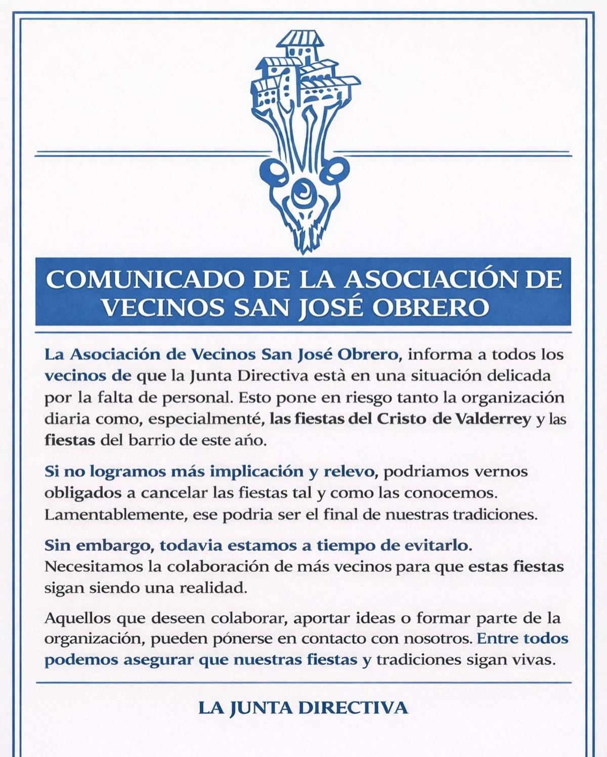 Comunicado de la Asociación de vecinos de San José Obrero
