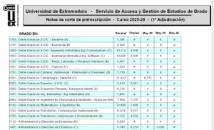 Así quedan las notas de corte tras la primera adjudicación en la UEx