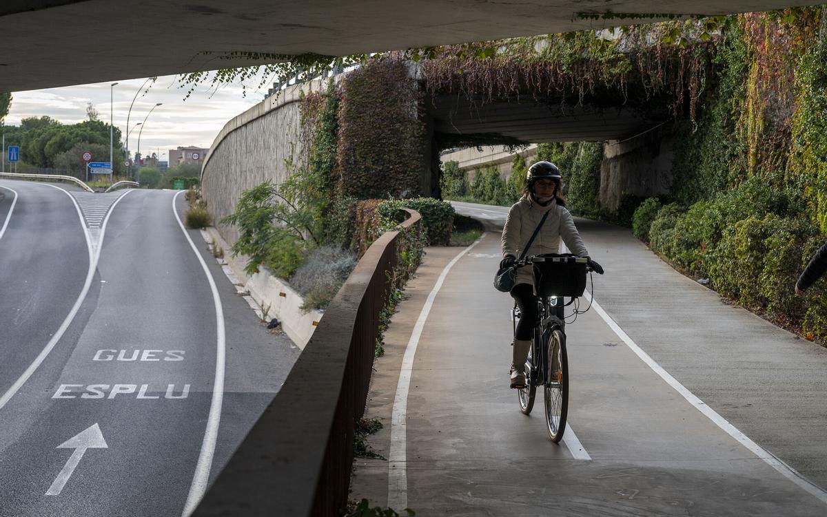 Una ciclista circula de Esplugues de Llobregat en dirección a Barcelona