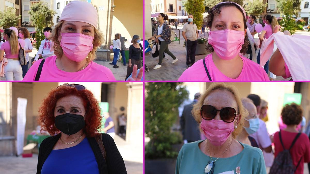 Las cuatro afectadas por cáncer de mama relatan su testimonio de superación en la plaza Mayor de Castelló, donde acudieron a apoyar los actos del día contra el cáncer de mama