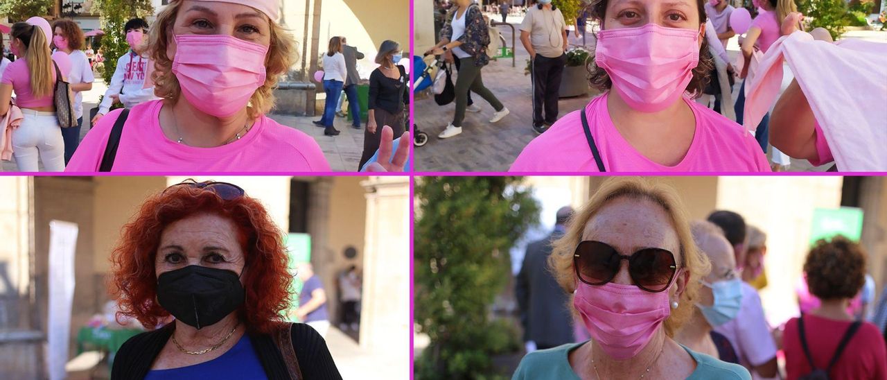 Las cuatro afectadas por cáncer de mama relatan su testimonio de superación en la plaza Mayor de Castelló, donde acudieron a apoyar los actos del día contra el cáncer de mama