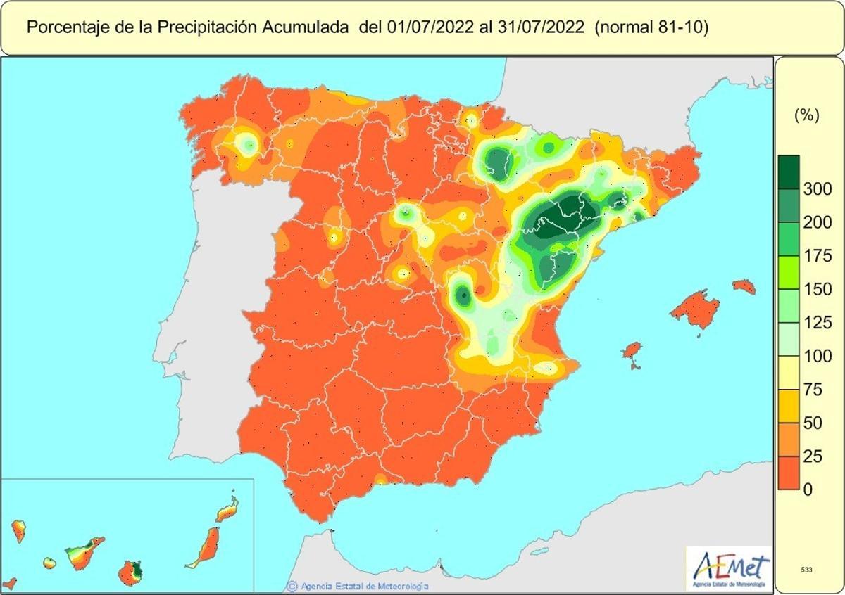 Porcentaje de las precipitaciones acumuladas del 1 al 31 de julio de 2022 en España (periodo de referencia: 1981-2010).