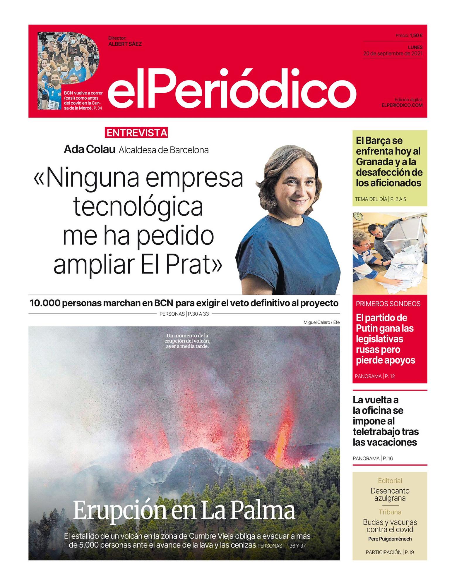 La portada de EL PERIÓDICO del 20 de septiembre de 2021