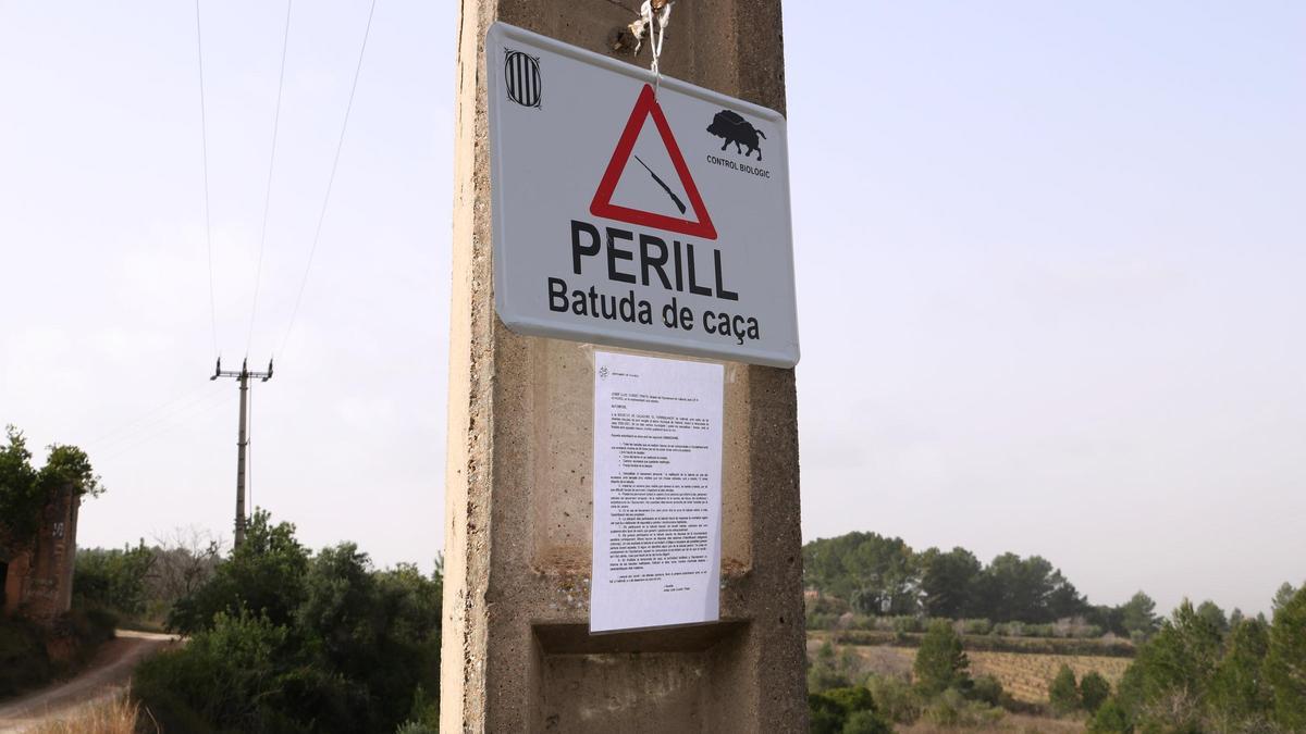 Un senyal que indica que hi ha una batuda per caçar porcs senglars a la zona