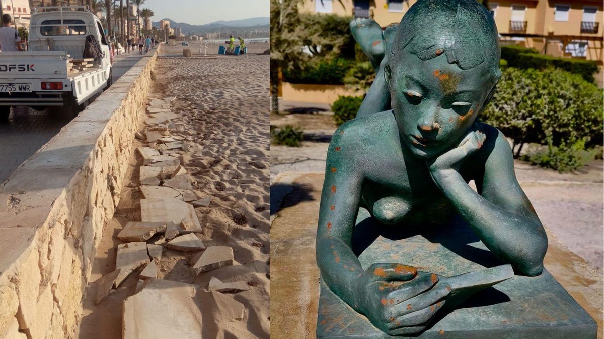 Parte del murete del paseo de Muchavista nuevamente destrozado y, la estatua de la "niña leyendo".