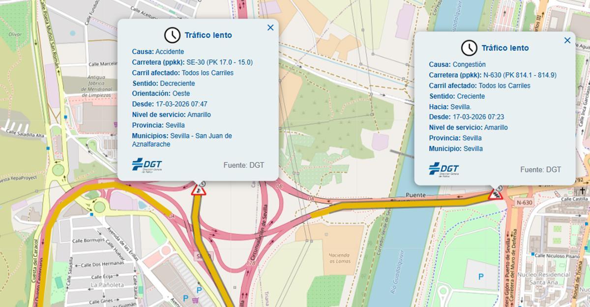 Mapa de la DGT en la zona de los incidentes.
