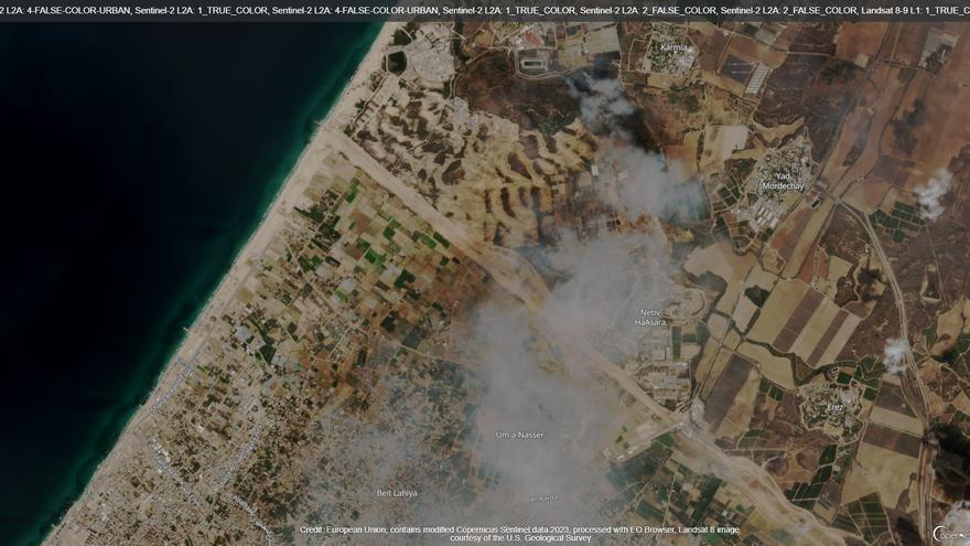 Imatges del satèl·lit Sentinel-2 de Copernicus del 7 d'octubre a la frontera nord entre Gaza i Israel (comparativa 2)