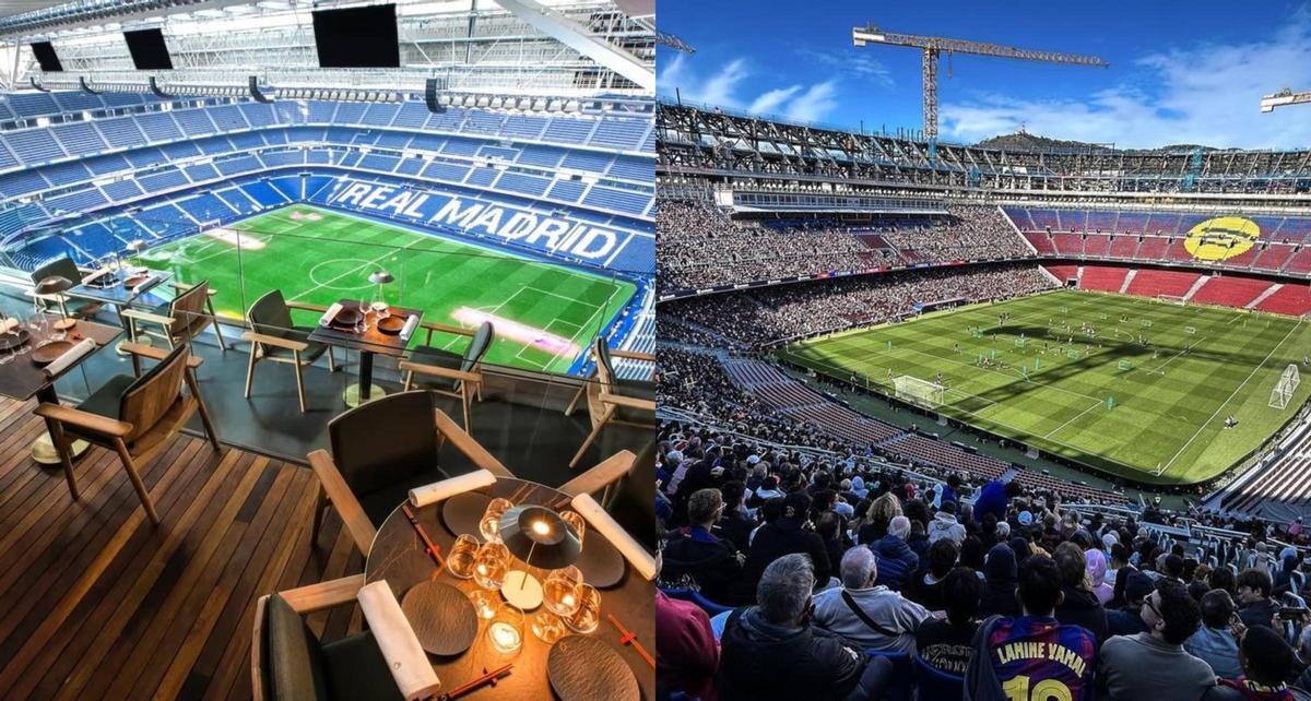 El Bernabéu, estadio remodelado del Real Madrid; y el nuevo Spotify Camp Nou, hogar del Barça.