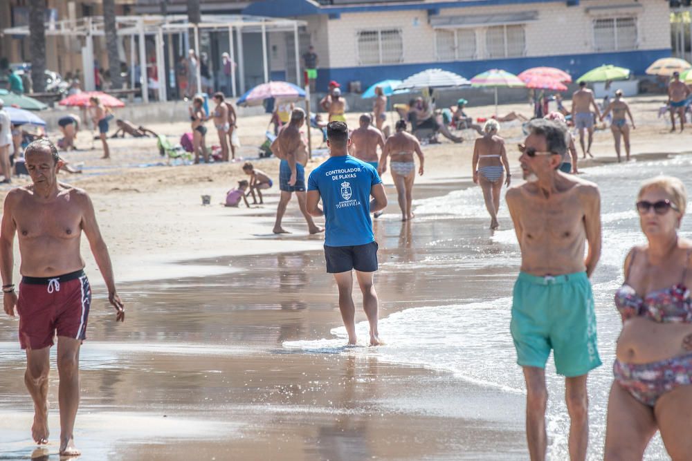 Primer día de baño autorizado en las playas de Torrevieja con arena parcelada y controles de acceso