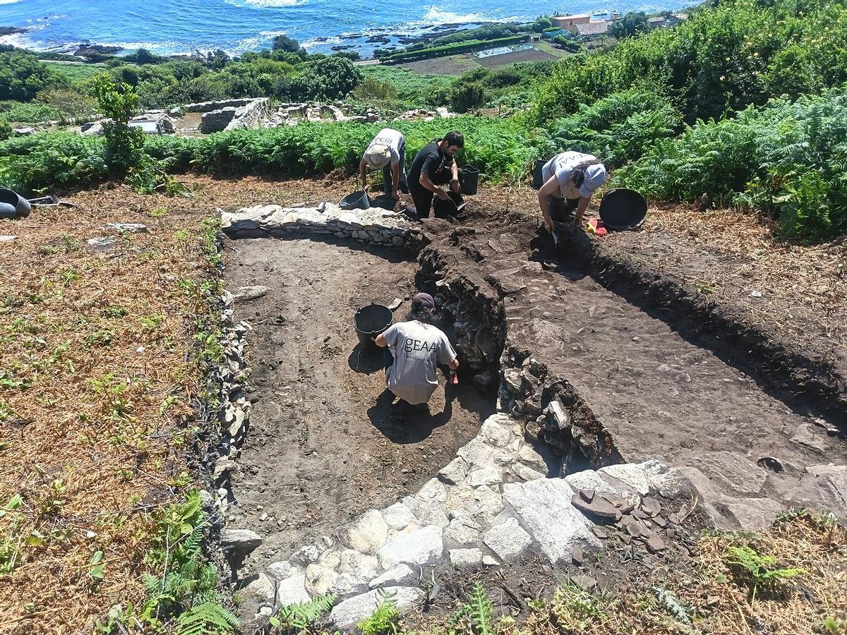 Trabajos en la terraza intermedia del yacimiento de Castelo dos Mouros, en la isla de Ons.