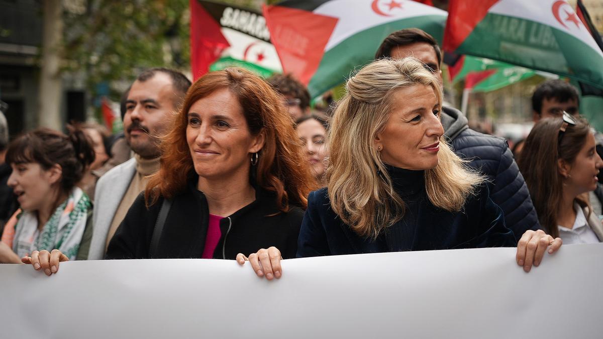 Mónica García junto a Yolanda Díaz este último sábado en la manifestación en favor del Sáhara occidental.