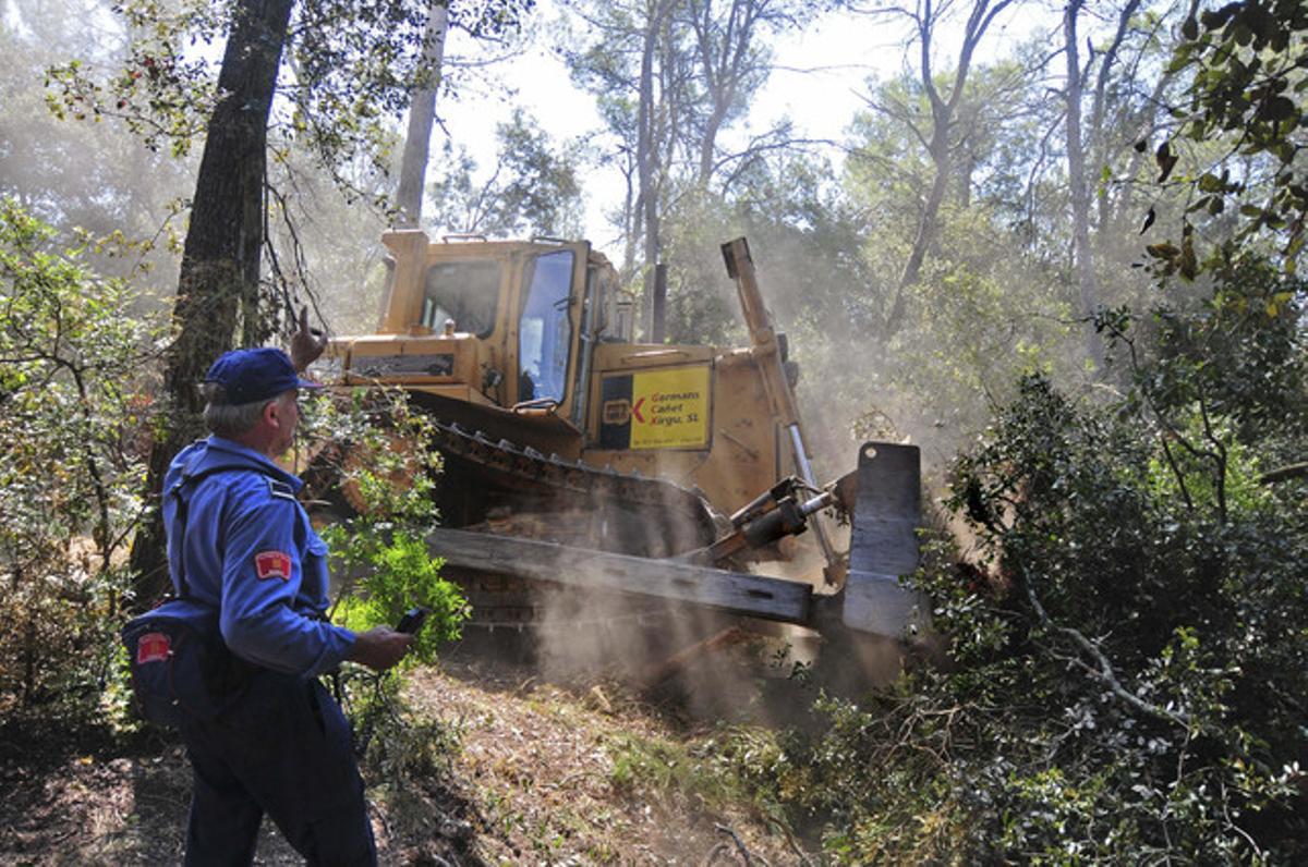 Una excavadora s’obre pas al bosc afectat pel foc de Madremanya (Gironès), que ja està controlat.