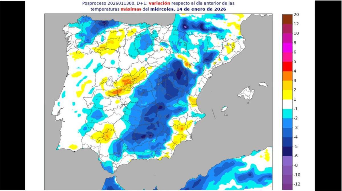 Variación de las temperaturas en España hoy miércoles, 14 de enero.