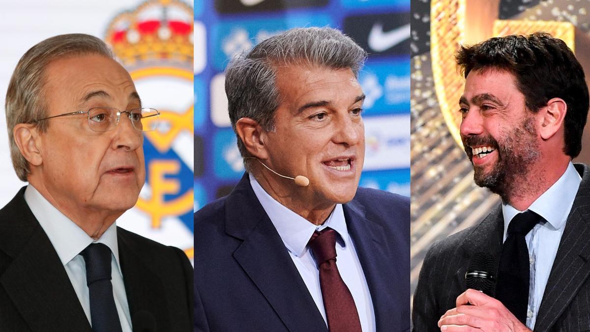 Florentino Pérez, Joan Laporta y Andrea Agnelli, presidentes de Real Madrid, Barcelona y Juventus.