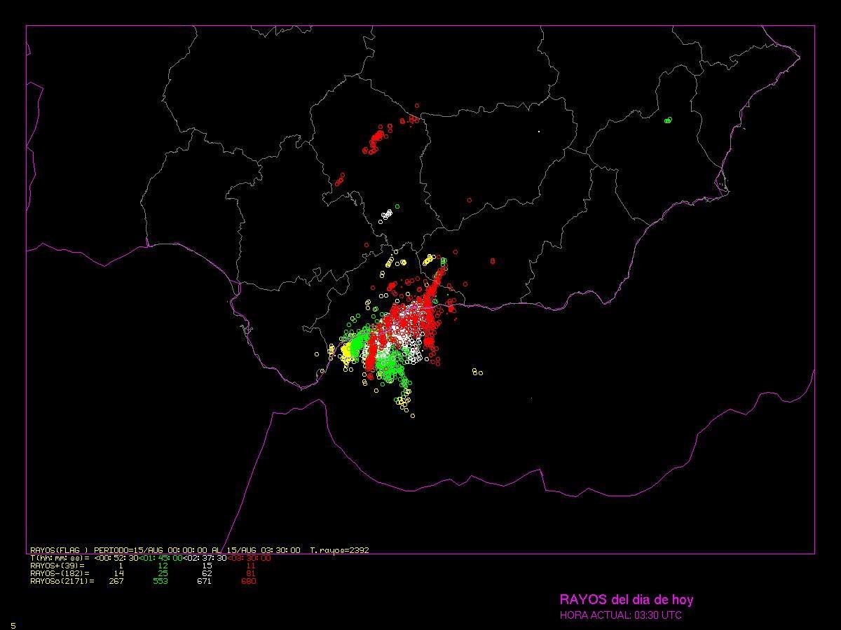 Rayos caídos esta madrugada en Andalucía.