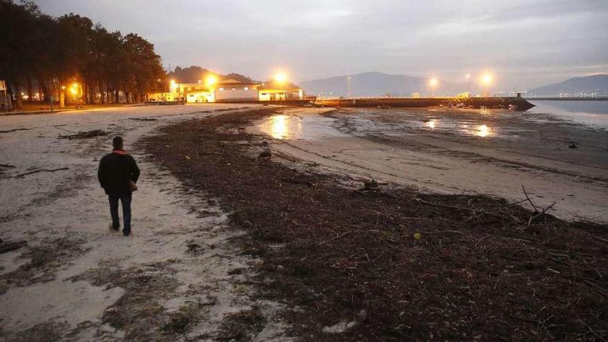 Ramas arrastradas por el río Verdugo se amontonan en la playa de Arcade, junto al peirao. // Ricardo Grobas