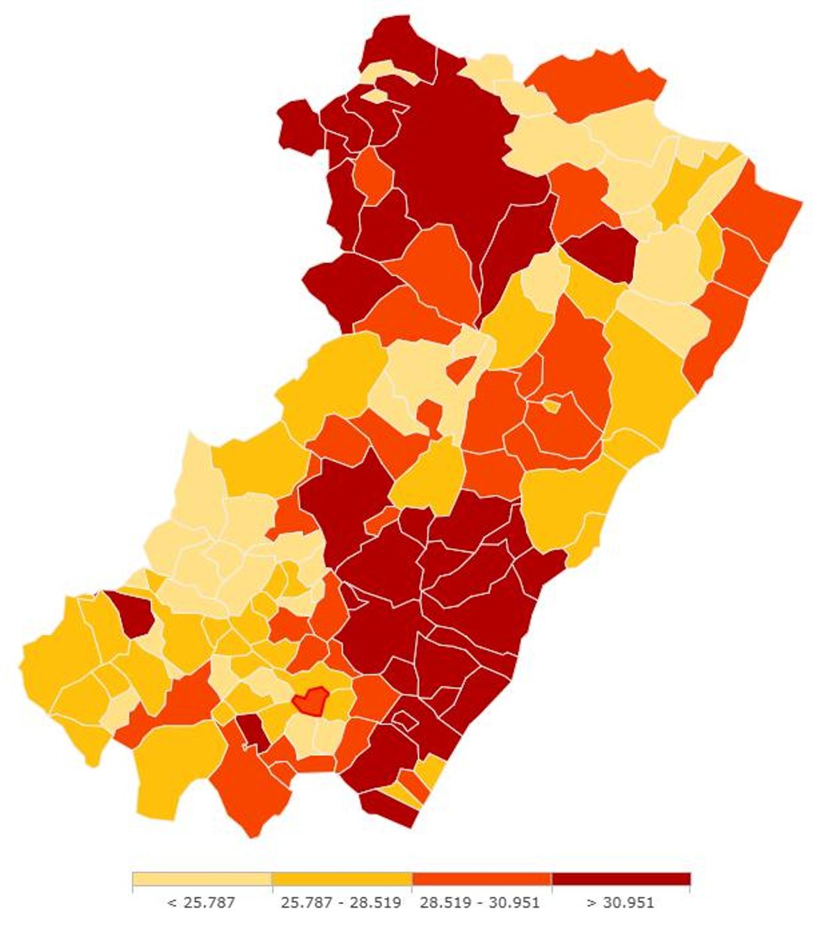Mapa con la treintena de municipios con más renta media por hogar