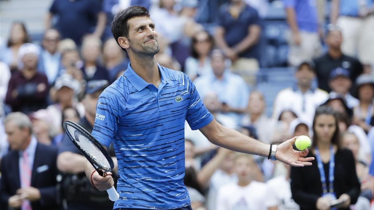 Djokovic celebra su victoria ante Carballés en el Abierto de Estados Unidos, el 26 de agosto del 2019