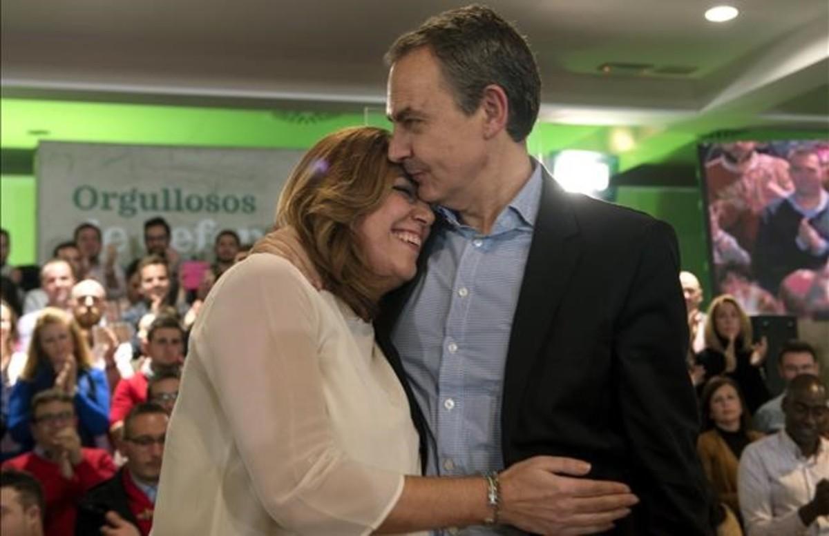 La presidenta de Andalucía, Susana Díaz, y el expresidente del Gobierno José Luis Rodríguez Zapatero, en un mitin en Jaén.