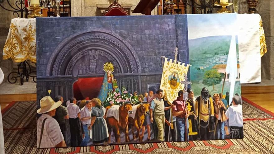 Pintura da romaría de setembro no santuario da Franqueira, obra de Xabier Lemos.  | // D.P.