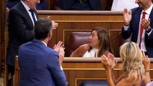  Sesión Constitutiva de la XV Legislatura, en la imagen Patxi López  y Pedro Sánchez  felicitan a  Francina Armengol tras ser elegida Presidenta del Congreso. 