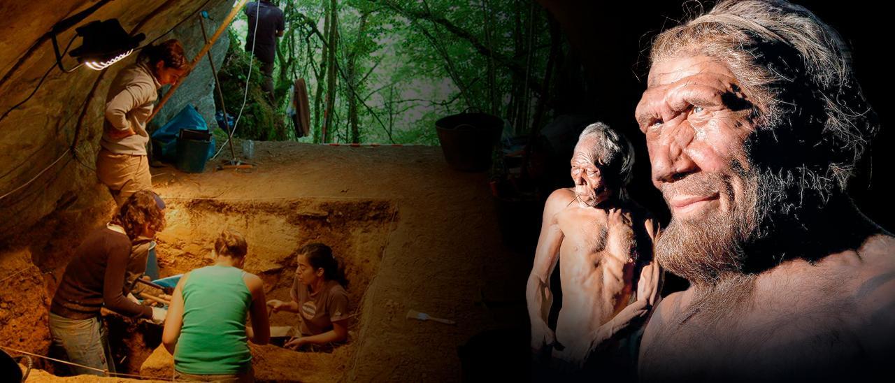 Imagen de fondo: un grupo de arqueólogos trabaja a la entrada del yacimiento de Cova Eirós. Delante, recreaciones de &quot;Homo sapiens&quot; (izquierda) y neandertal
