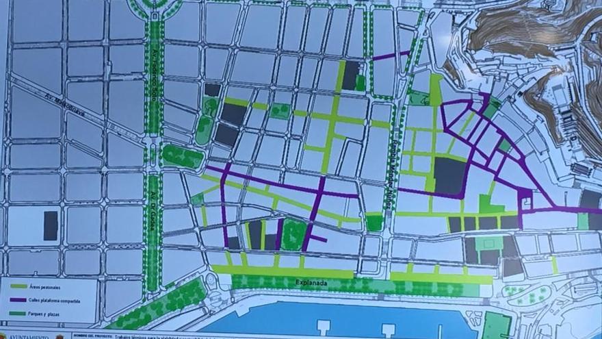 Mapa con el itinerario peatonal en el centro de Alicante