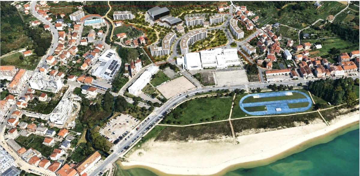 Vista aérea con la recreación de la urbanización de A Xunqueira por detrás de los colegios de Reibón y de Seara.