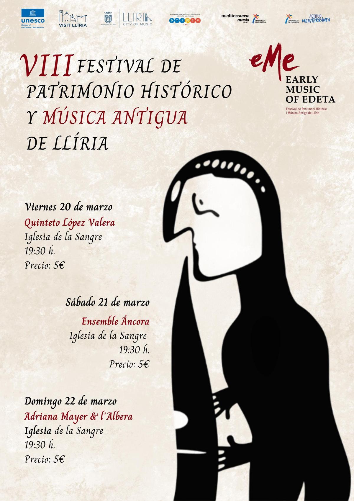 Cartel del VIII Festival de Patrimonio Histórico y Música Antigua de Llíria “eMe”.
