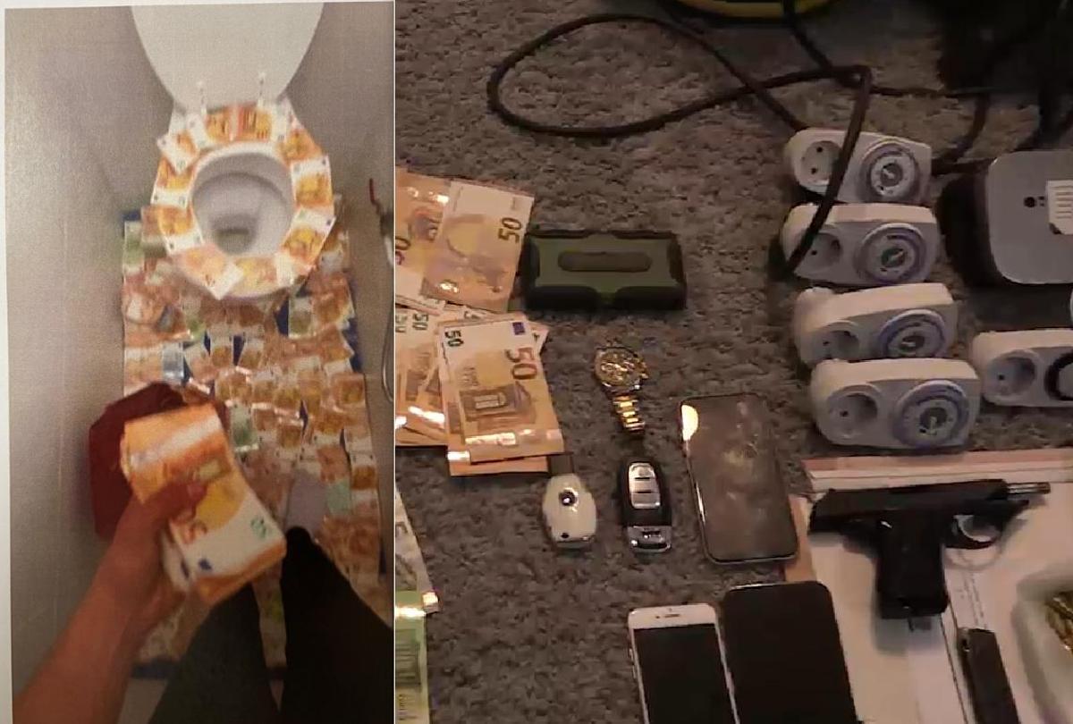 Los narcos ganaban tanto dinero que uno bromeó distribuyendo una foto de un WC 'alicatado' con billetes de 50. A la derecha efectos intervenidos a la red