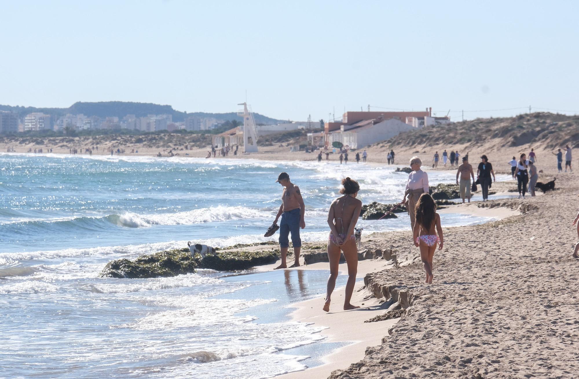 Jornada navideña playera en Elche. Numerosas personas disfrutan de las temperaturas de hasta 25 grados en la playa del Pinet en La Marina