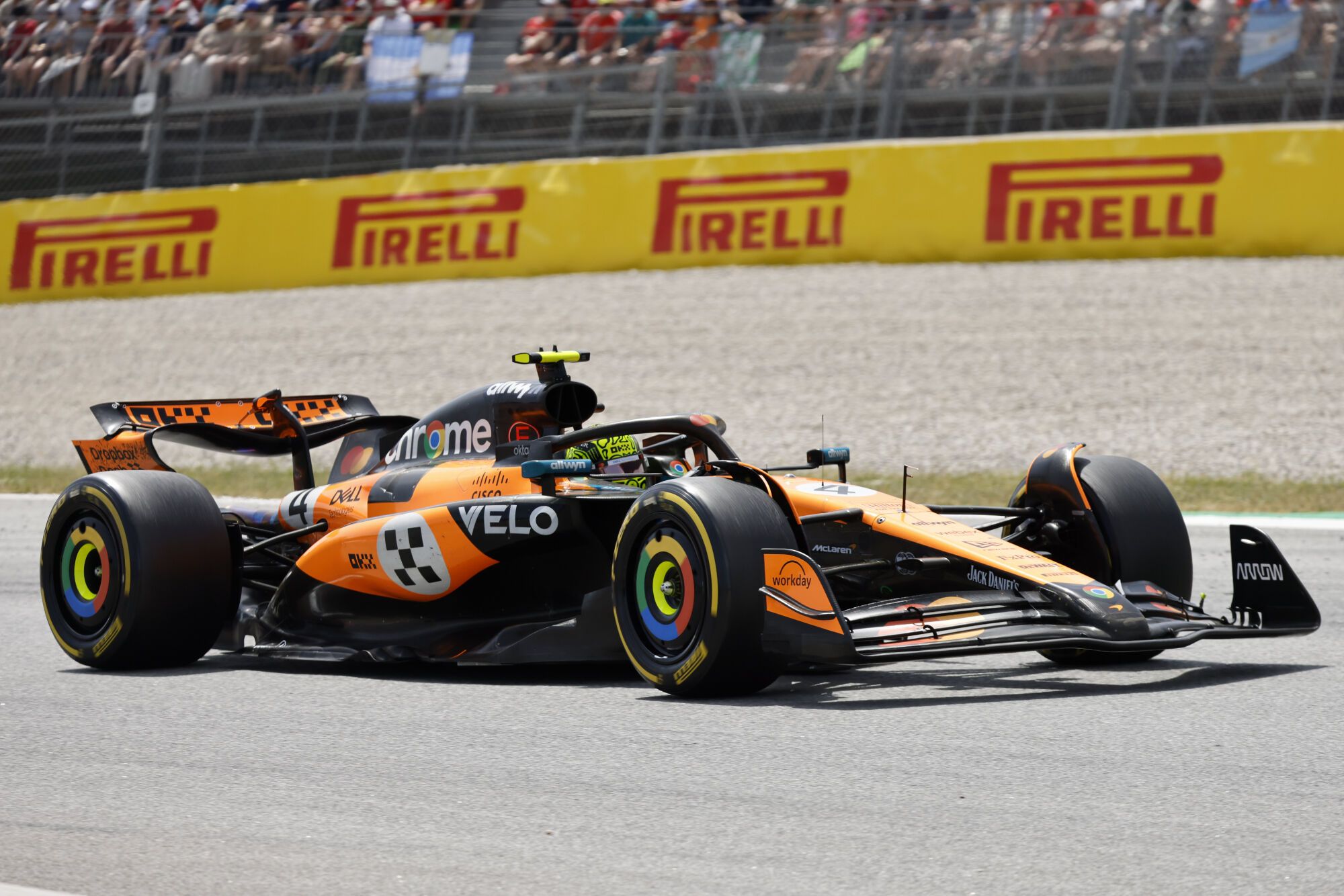 McLaren driver Lando Norris of Britain steers his car during the Spanish Grand Prix Formula One race at the Barcelona Catalunya racetrack in Montmelo, near Barcelona, Spain, Sunday, June 1, 2025. (AP Photo/Joan Monfort)