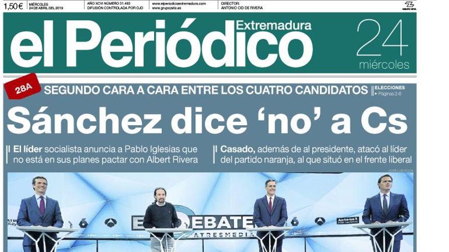 Esta es la portada de EL PERIÓDICO EXTREMADURA correspondiente al día 24 de abril del 2019