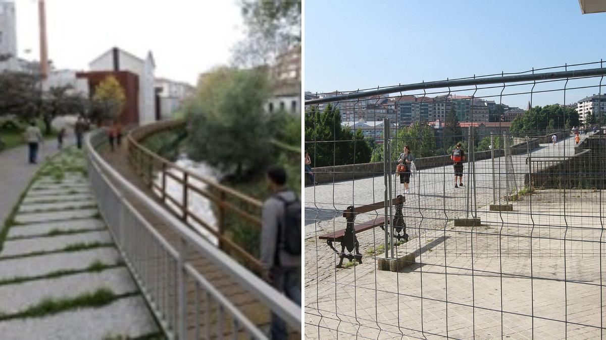 La senda, junto al paseo del Barbaña, en una recreación. A la derecha, la acera vallada. | // XUNTA e IÑAKI OSORIO