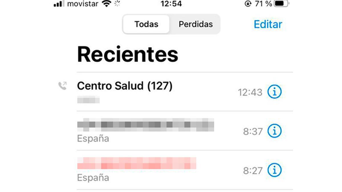 Un pantallazo del móvil con las 17 llamadas al centro de salud.