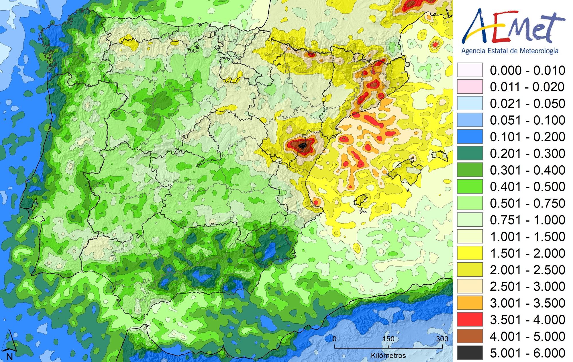 Mapa de Aemet que muestra la frecuencia de caída de rayos en España.