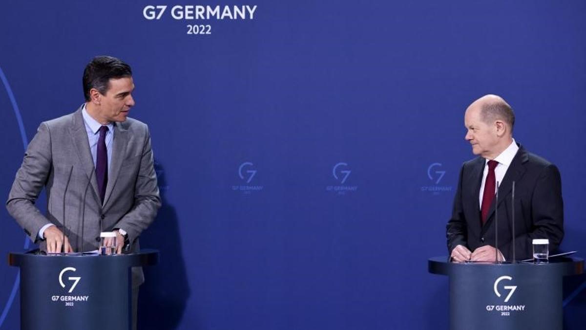 El presidente del Gobierno, Pedro Sánchez, durante su comparecencia conjunta con el canciller alemán, Olaf Scholz, este 18 de marzo de 2022 en Berlín.