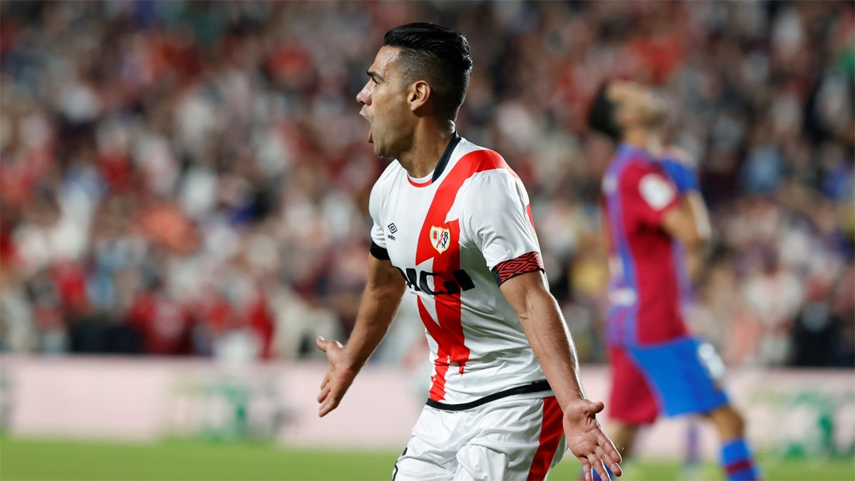 Falcao celebra el gol logrado en la primera vuelta ante el Barça