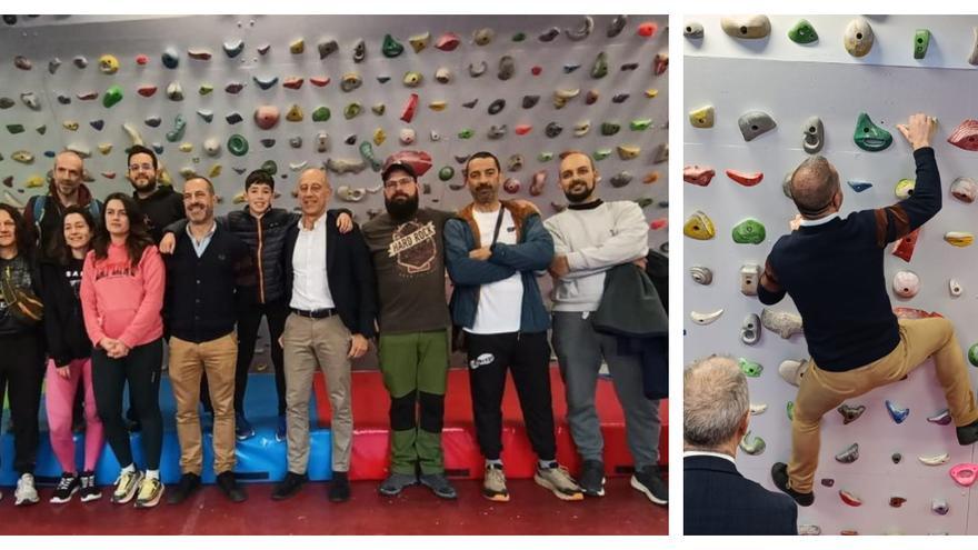 El club de escalada Puntu Collorau estrena rocódromo en El Bayu y el alcalde de Siero se anima a probarlo