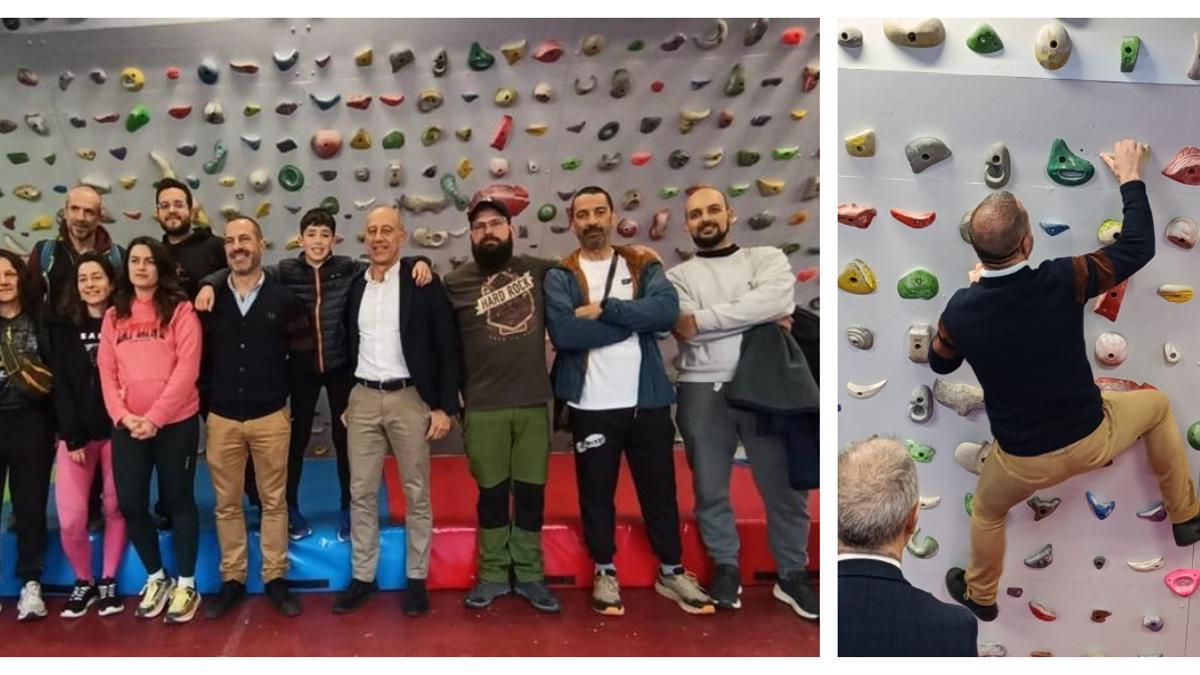 Foto de familia de la visita al rocódromo. A la derecha, el alcalde probando el rocódromo.