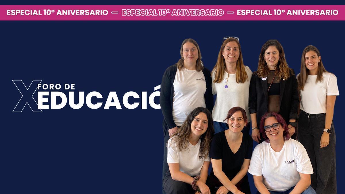 AGAMPI -Concepción Pájaro Vales (vogal), Paula Carreiro Prieto (presidenta), María del carmen mora Domínguez (tesoureira), Marta Comesaña Gato (vogal), Raquel Iglesias López (secretaria) Rita Reza Losada (vicepresidenta) e Paula Martínez Dopico (vogal)-, ponentes en el X Foro de Educación