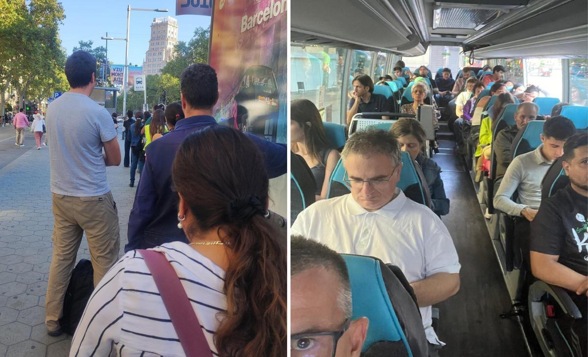Cua esperant el bus Barcelona-Berga i autobús ple