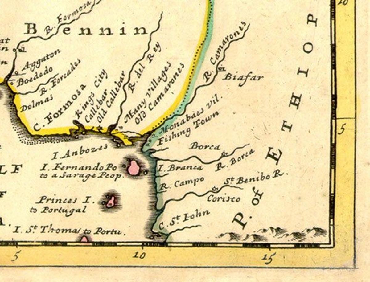 Golfo de Biafra detallado en un mapa de Herman Moll de 1729.