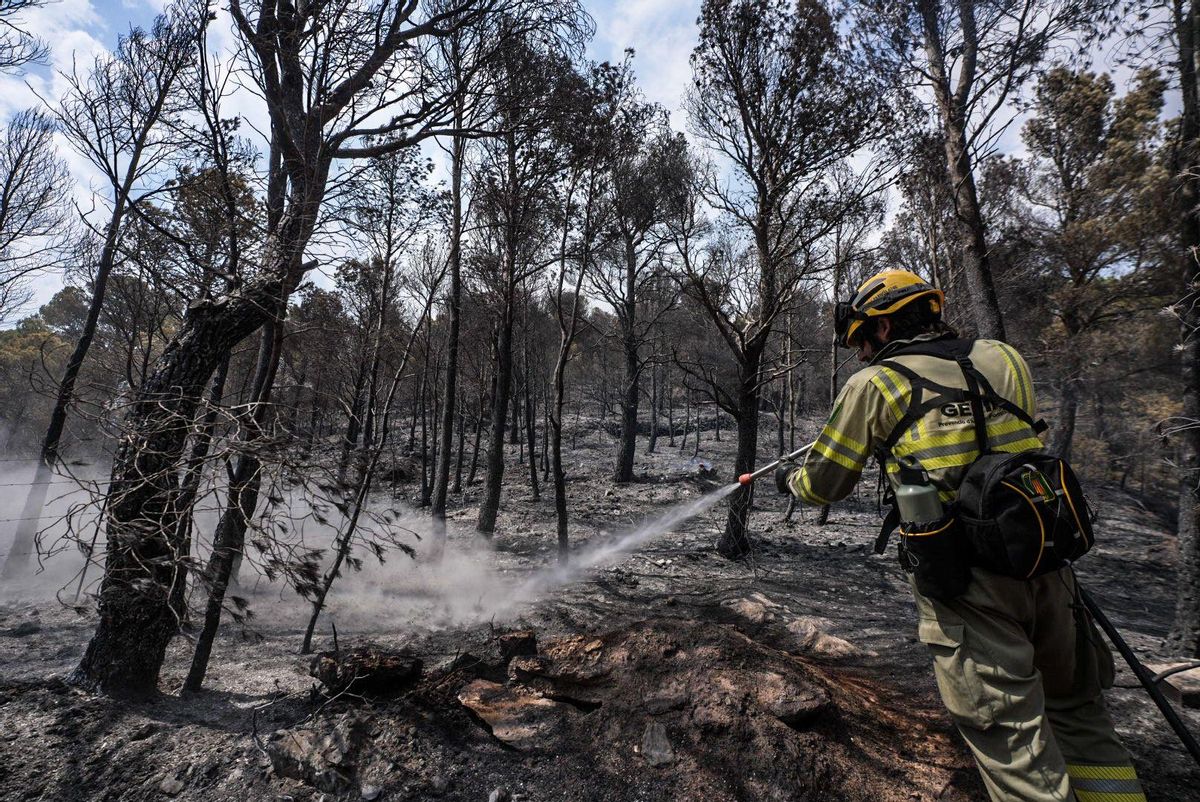Fuego en Baix Ebre. Los bomberos trabajan en el incendio forestal en Paüls, Tarragona, este martes.